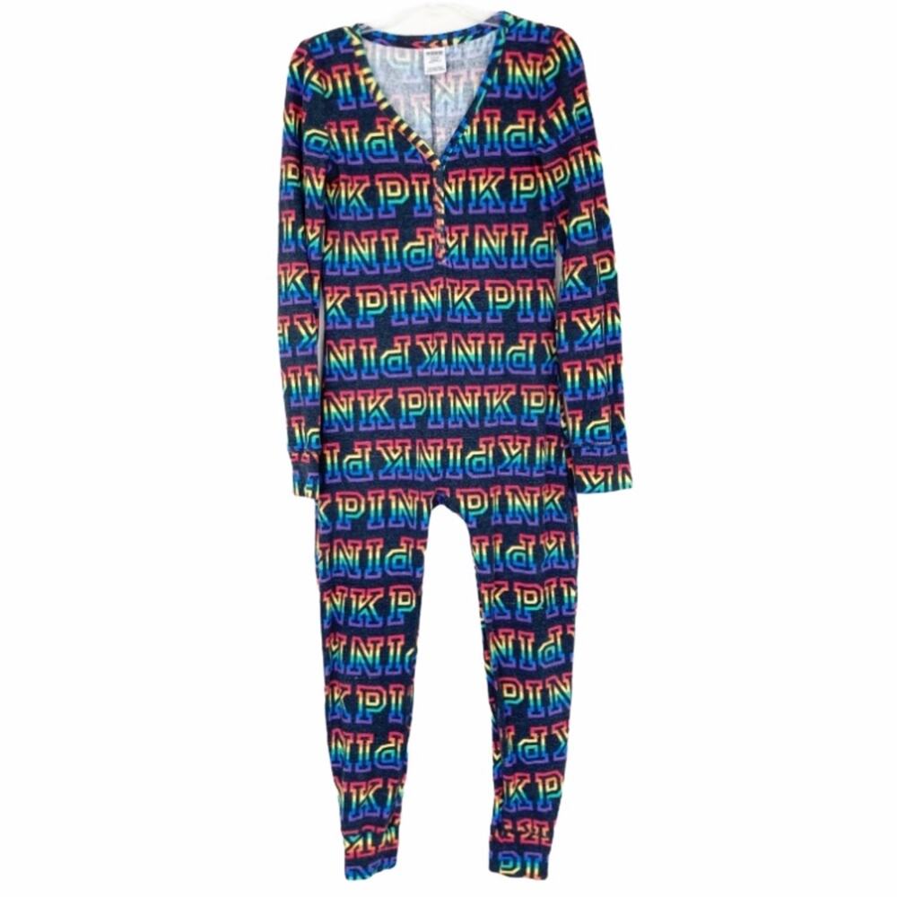 Pink Victoria’s Secret Rainbow Spell Out Butt Flap One Piece Pajamas Sz M
